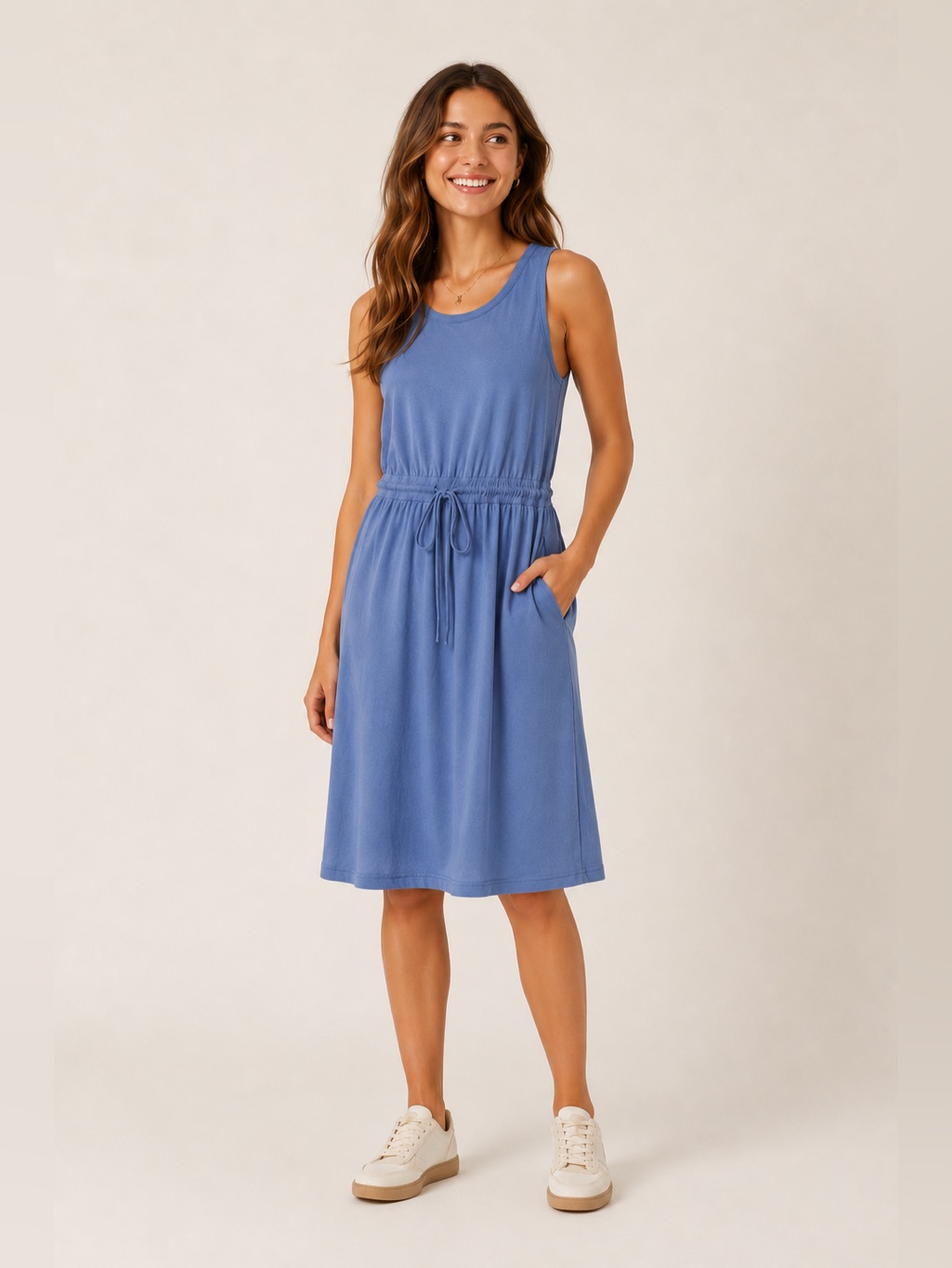 Serra Xl Sleeveless Blue Midi Dress Drawstring Waist Dress Everyday Dress Casual